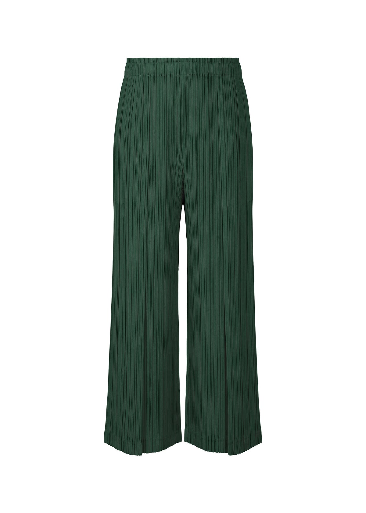 The RAMIE PLEATS pants by PLEATS PLEASE ISSEY MIYAKE are dark green, wide-leg, ankle-length pleated ramie trousers with an elastic waistband, shown on a plain white background. view 2 of 9