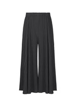 The MELLOW PLEATS wide-leg, high-waisted black pants by PLEATS PLEASE ISSEY MIYAKE feature pleats, an elastic waistband, pockets, and soft-textured fabric. Shown on a white background. - BLACK （no.15）