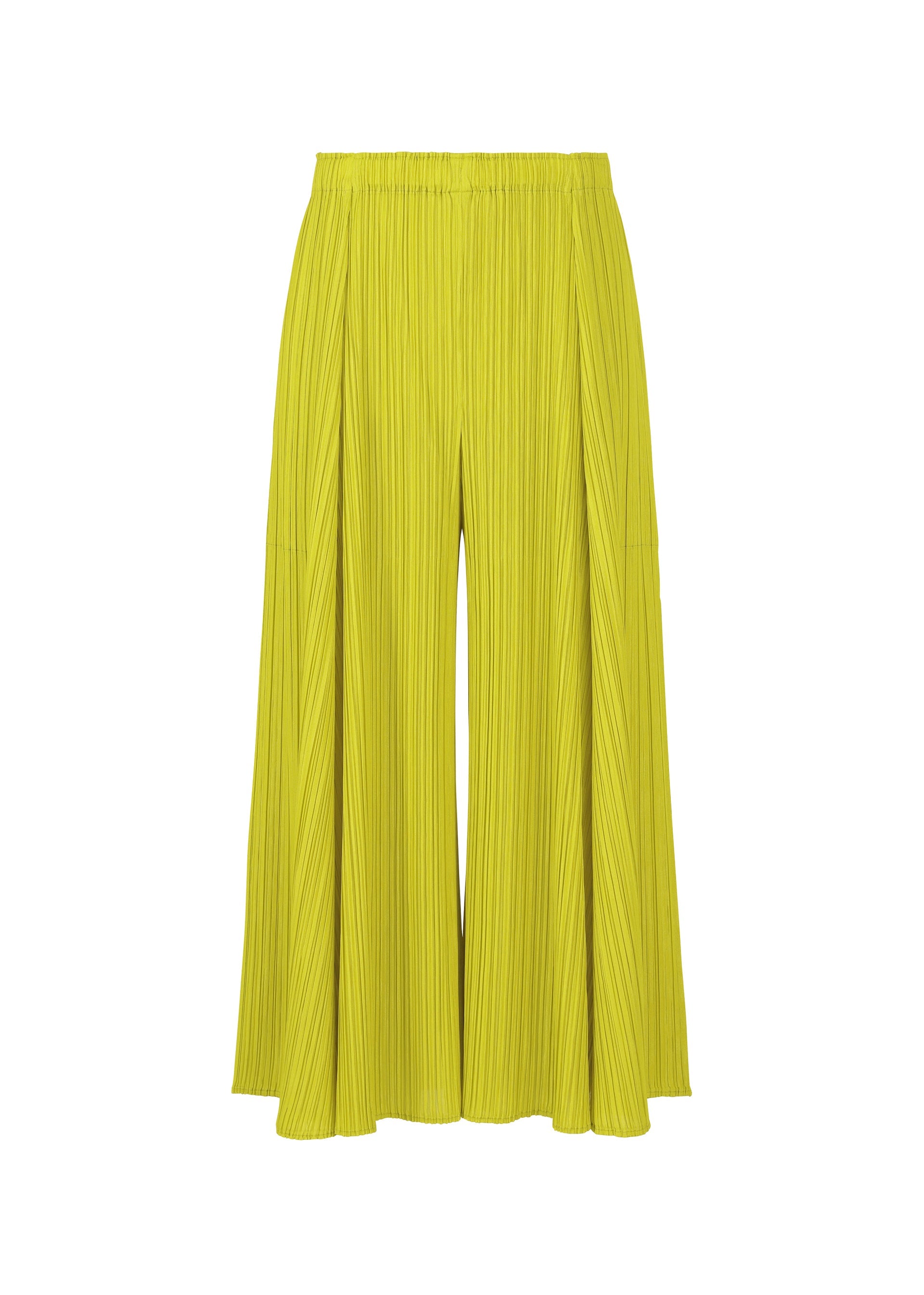 Zoomed view The MELLOW PLEATS pants by PLEATS PLEASE ISSEY MIYAKE feature a bright yellow-green hue, wide-leg pleated design, elastic waistband, and soft-textured fabric for a flowy silhouette, shown against a plain white background. - MUSTARD （no.58）