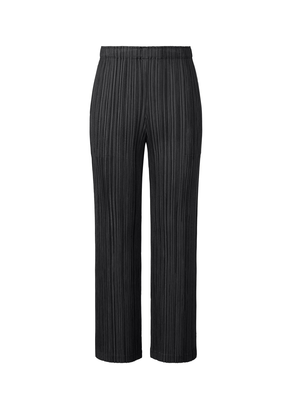 THICKER BOTTOMS 2 by PLEATS PLEASE ISSEY MIYAKE: Black pleated straight-leg pants with an elastic waistband in thick, vertically ribbed fabric, shown on a white background. view 1 of 9