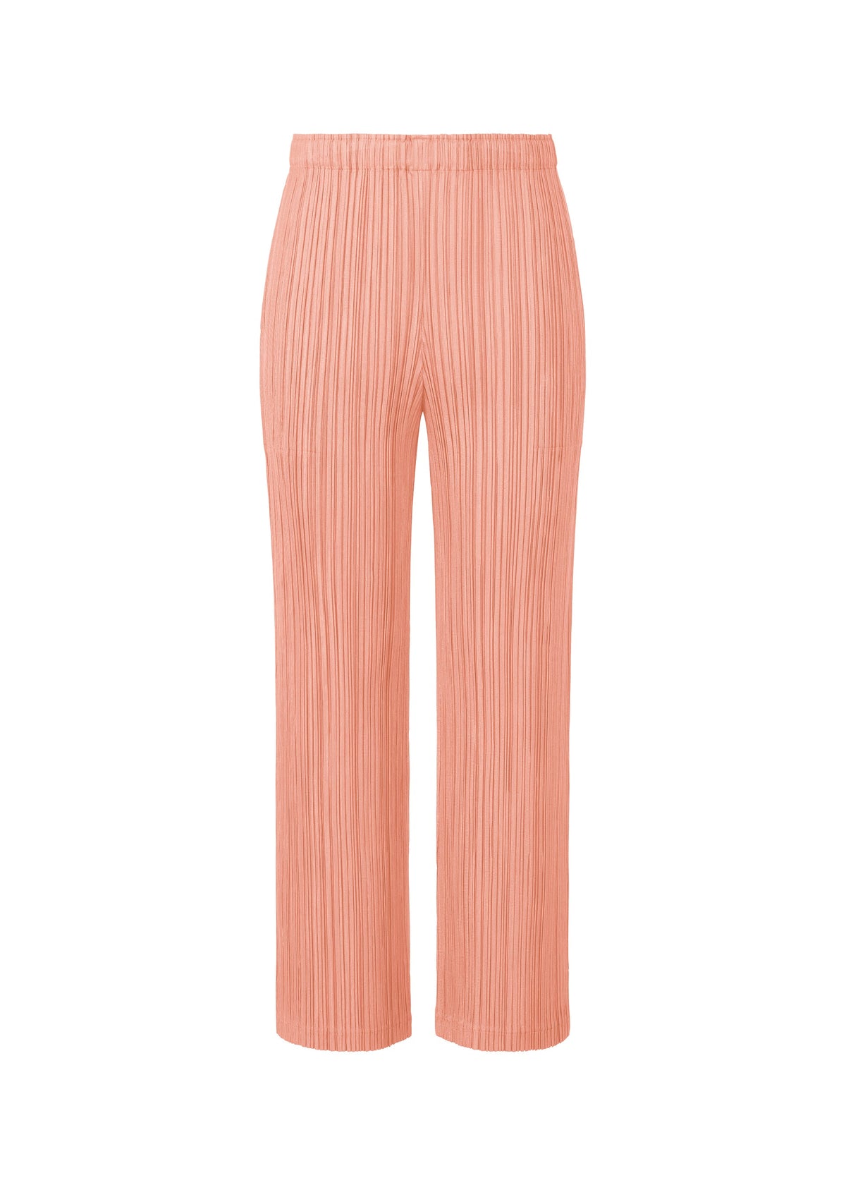 The THICKER BOTTOMS 2 pants from PLEATS PLEASE ISSEY MIYAKE feature peach-hued thick fabric, pleated detailing, and an elastic waistband—ideal for bringing a fresh pop of spring color to your wardrobe. view 2 of 9
