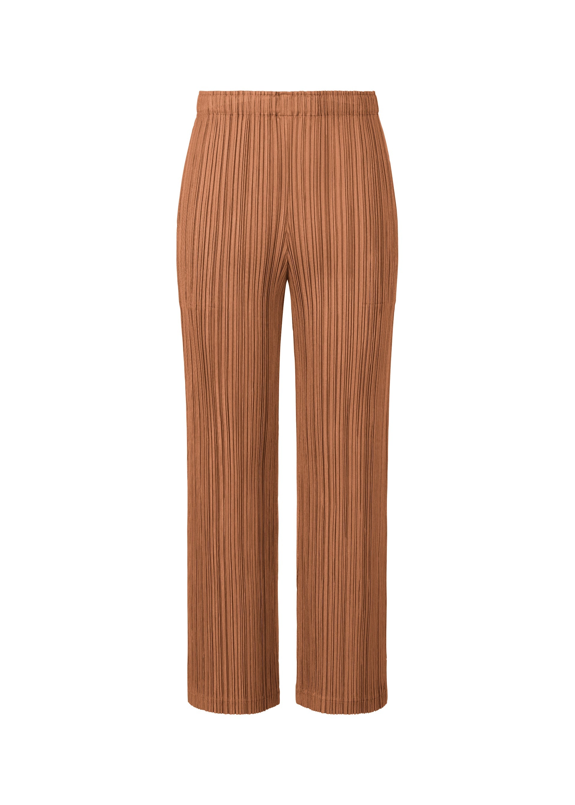 Zoomed view THICKER BOTTOMS 2 by PLEATS PLEASE ISSEY MIYAKE: brown pleated straight pants with an elastic waistband, made from thick fabric and shown against a white background. - BROWN （no.44）