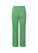 THICKER BOTTOMS 2 by PLEATS PLEASE ISSEY MIYAKE: green pleated straight pants with a high elastic waistband, made from thick fabric and shown on a white background—ideal for adding fresh spring color to your look. - GRASS GREEN （no.63）