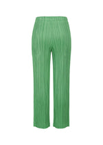 THICKER BOTTOMS 2 by PLEATS PLEASE ISSEY MIYAKE: Green pleated straight pants with thick fabric, elastic waistband, and vertical textured lines, displayed on a white background.
