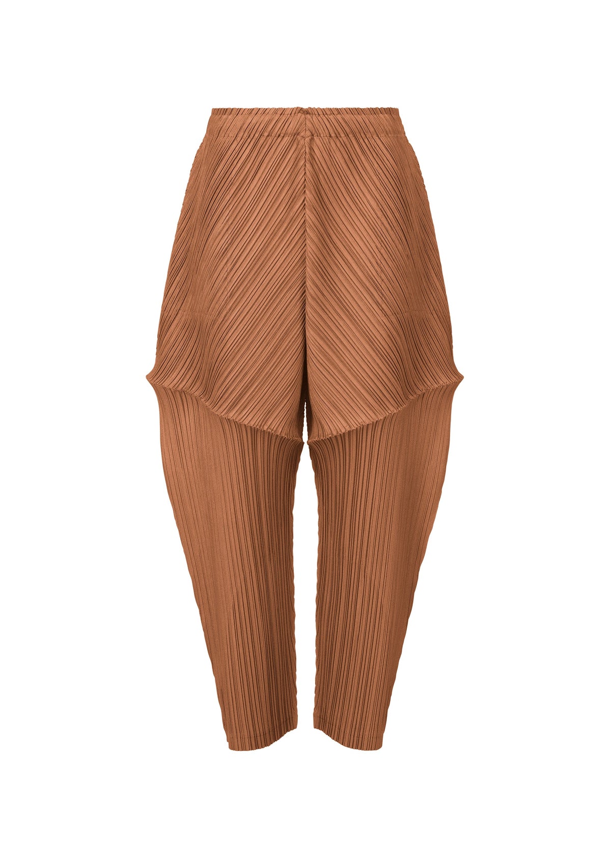 THICKER BOTTOMS 2 by PLEATS PLEASE ISSEY MIYAKE are high-waisted, brown pleated pants with an asymmetrical, sculptural design and layered hips, crafted from thick fabric for a bold statement. view 3 of 10