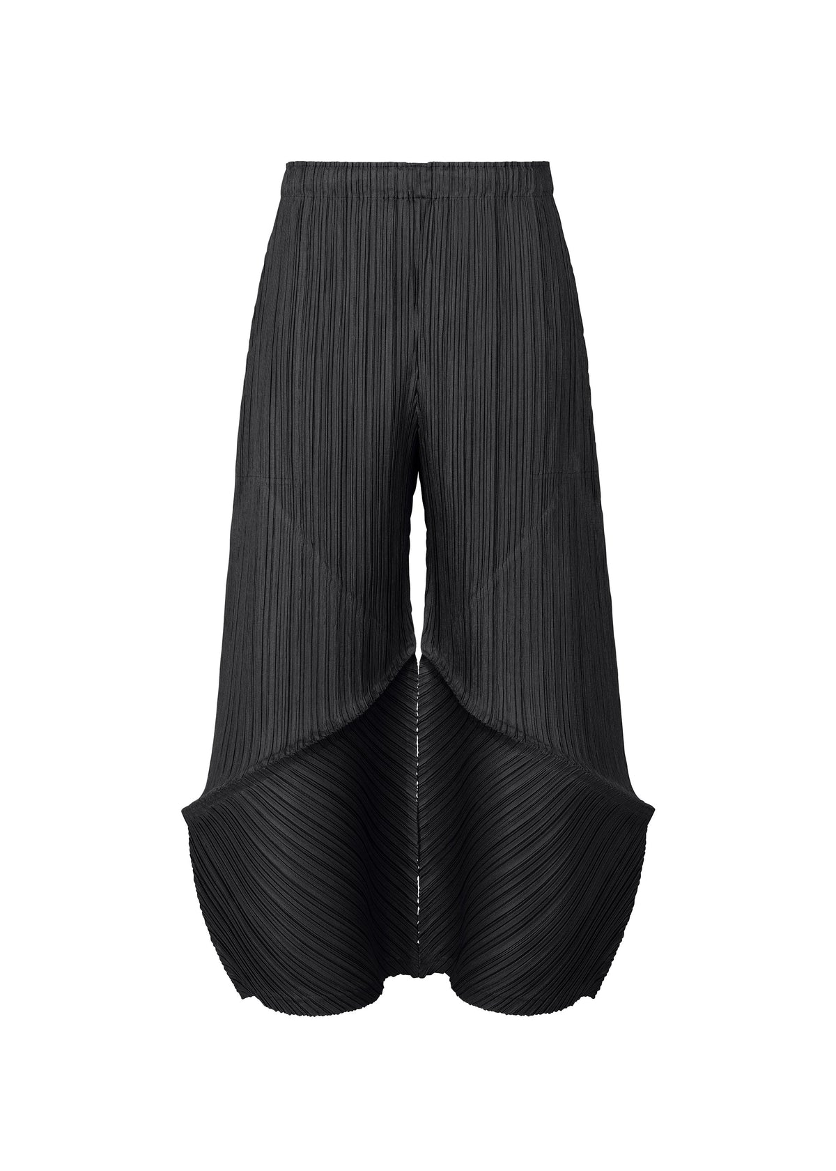 Discover THICKER BOTTOMS 2 by PLEATS PLEASE ISSEY MIYAKE: high-waisted black pants with sculptural pleats, made from thick fabric. Wide, curved legs flare out and overlap for a distinctive petal-like silhouette. view 1 of 10