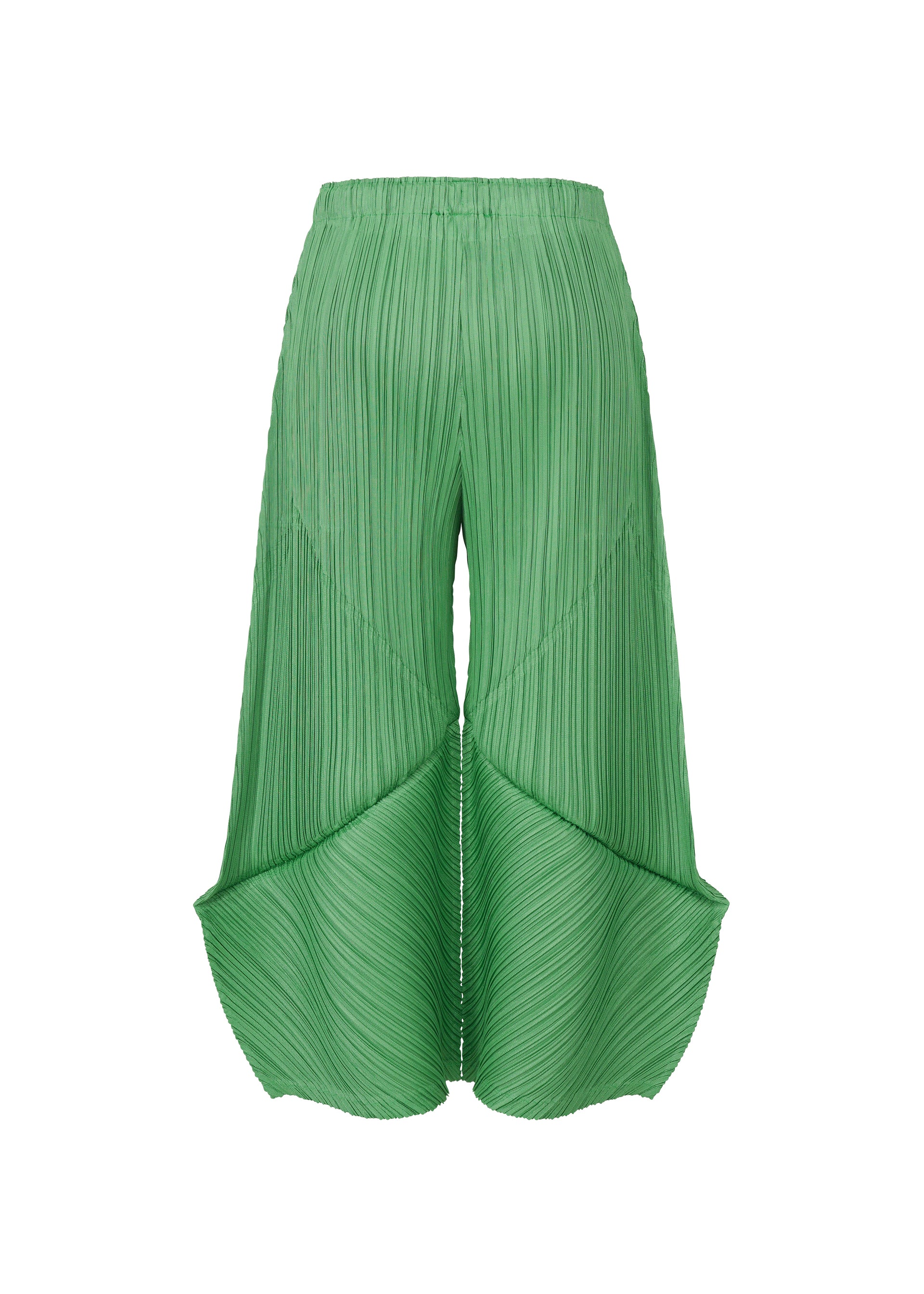 Zoomed view THICKER BOTTOMS 2 by PLEATS PLEASE ISSEY MIYAKE: green pleated wide-leg trousers in thick fabric, featuring an asymmetric flared hem and sculptural silhouette, displayed against a white background.