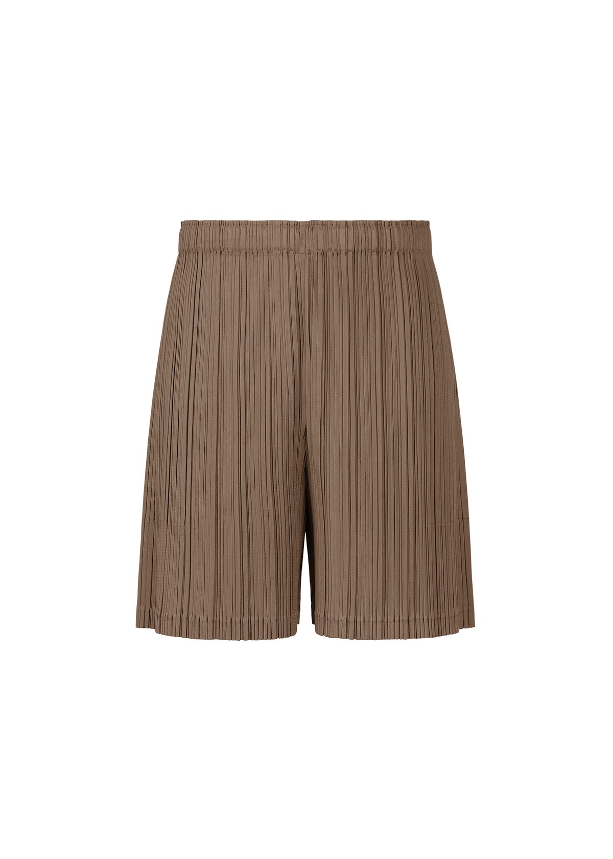 The LOOP BOTTOMS by PLEATS PLEASE ISSEY MIYAKE are brown pleated shorts with an elastic waistband and practical pockets, made from thick fabric and displayed on a plain white background. view 2 of 8