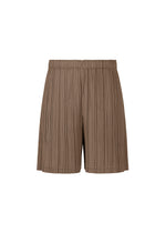 The LOOP BOTTOMS by PLEATS PLEASE ISSEY MIYAKE are brown pleated shorts with an elastic waistband and practical pockets, made from thick fabric and displayed on a plain white background. - DARK BROWN （no.45）