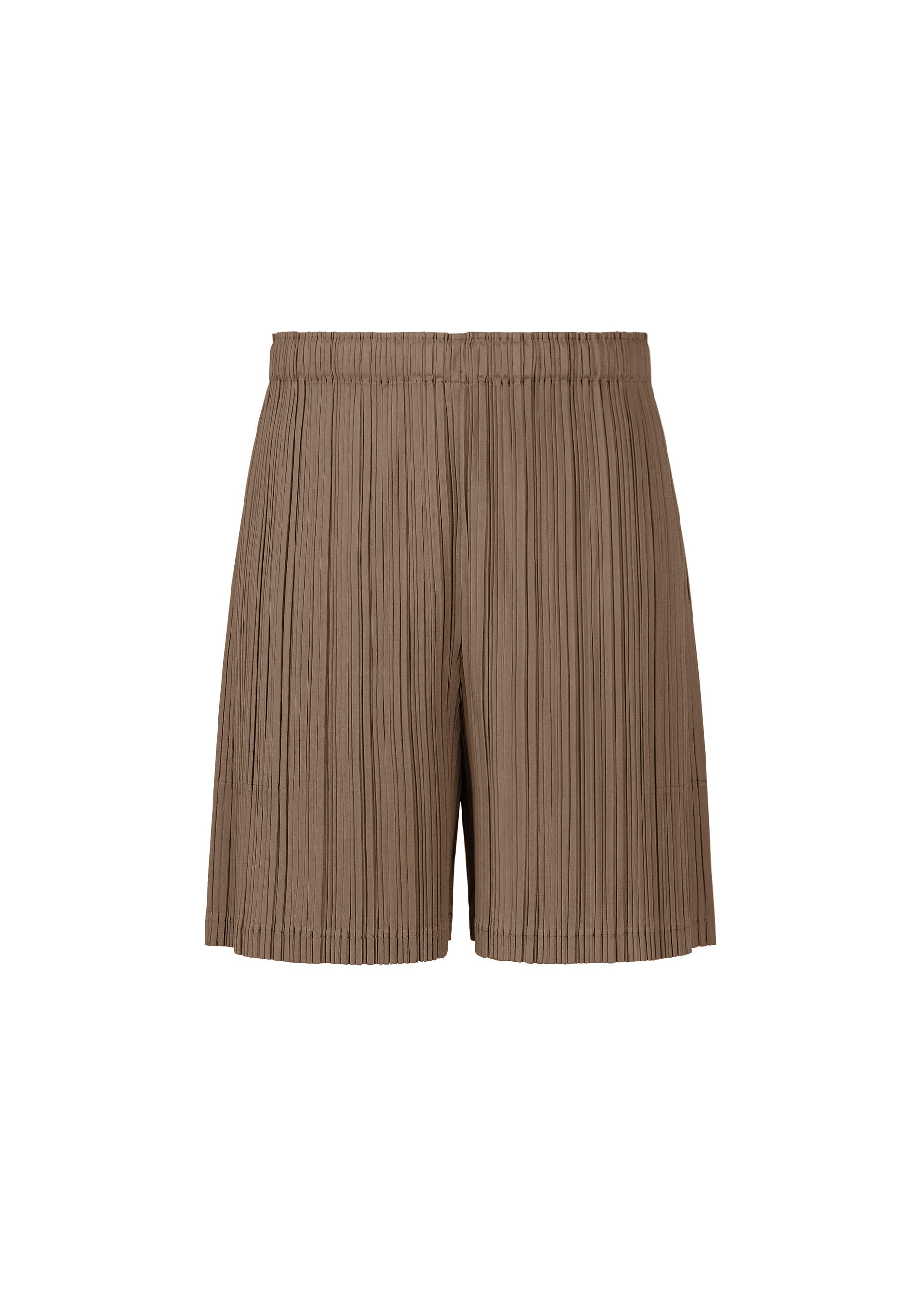 Zoomed view The LOOP BOTTOMS by PLEATS PLEASE ISSEY MIYAKE are brown pleated shorts with an elastic waistband and practical pockets, made from thick fabric and displayed on a plain white background. - DARK BROWN （no.45）
