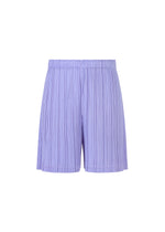 LOOP BOTTOMS by PLEATS PLEASE ISSEY MIYAKE—light purple pleated shorts with an elastic waistband, made from recycled polyester for sustainability, shown on a plain white background. - STEEL BLUE （no.74）