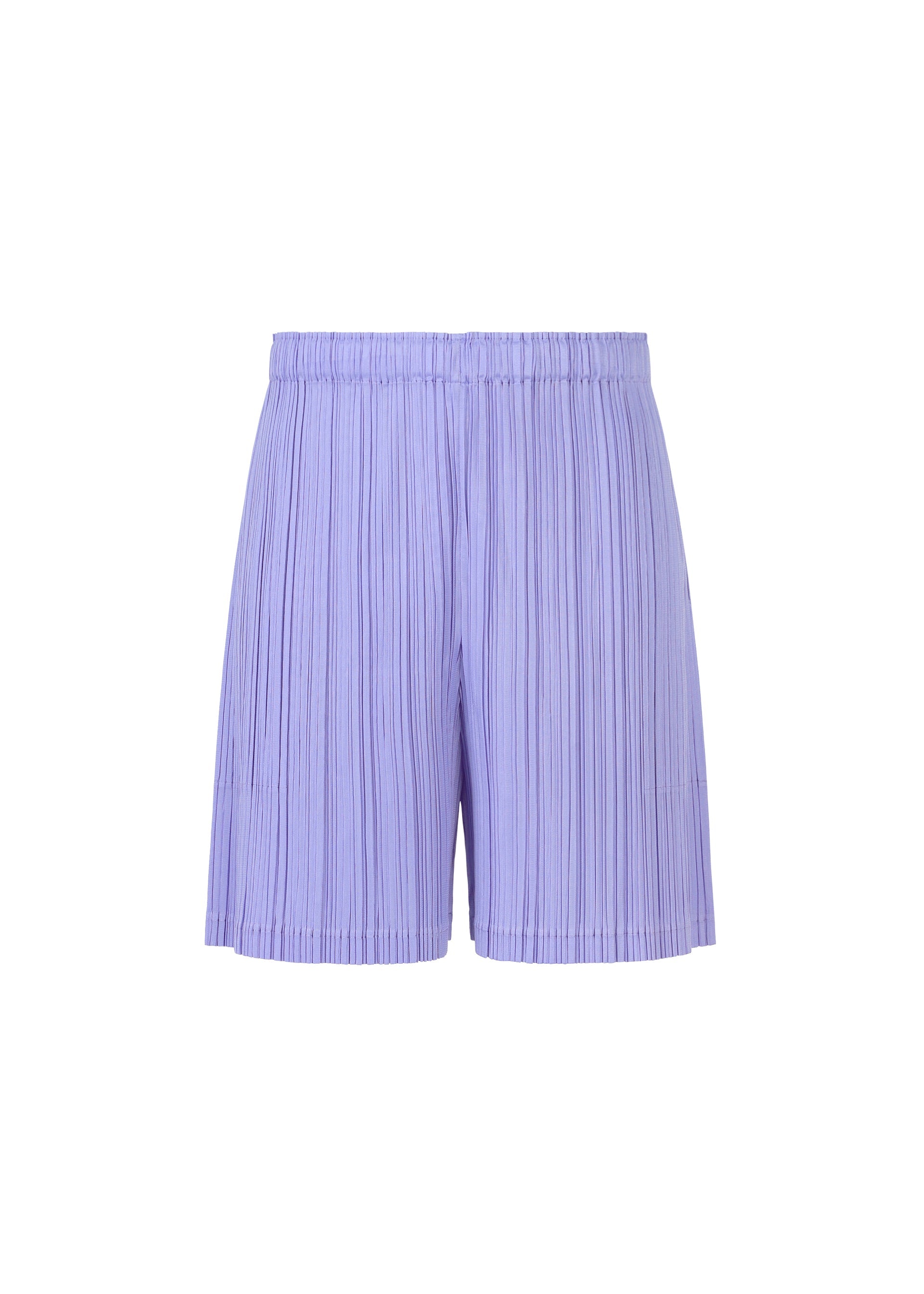 Zoomed view LOOP BOTTOMS by PLEATS PLEASE ISSEY MIYAKE—light purple pleated shorts with an elastic waistband, made from recycled polyester for sustainability, shown on a plain white background. - STEEL BLUE （no.74）