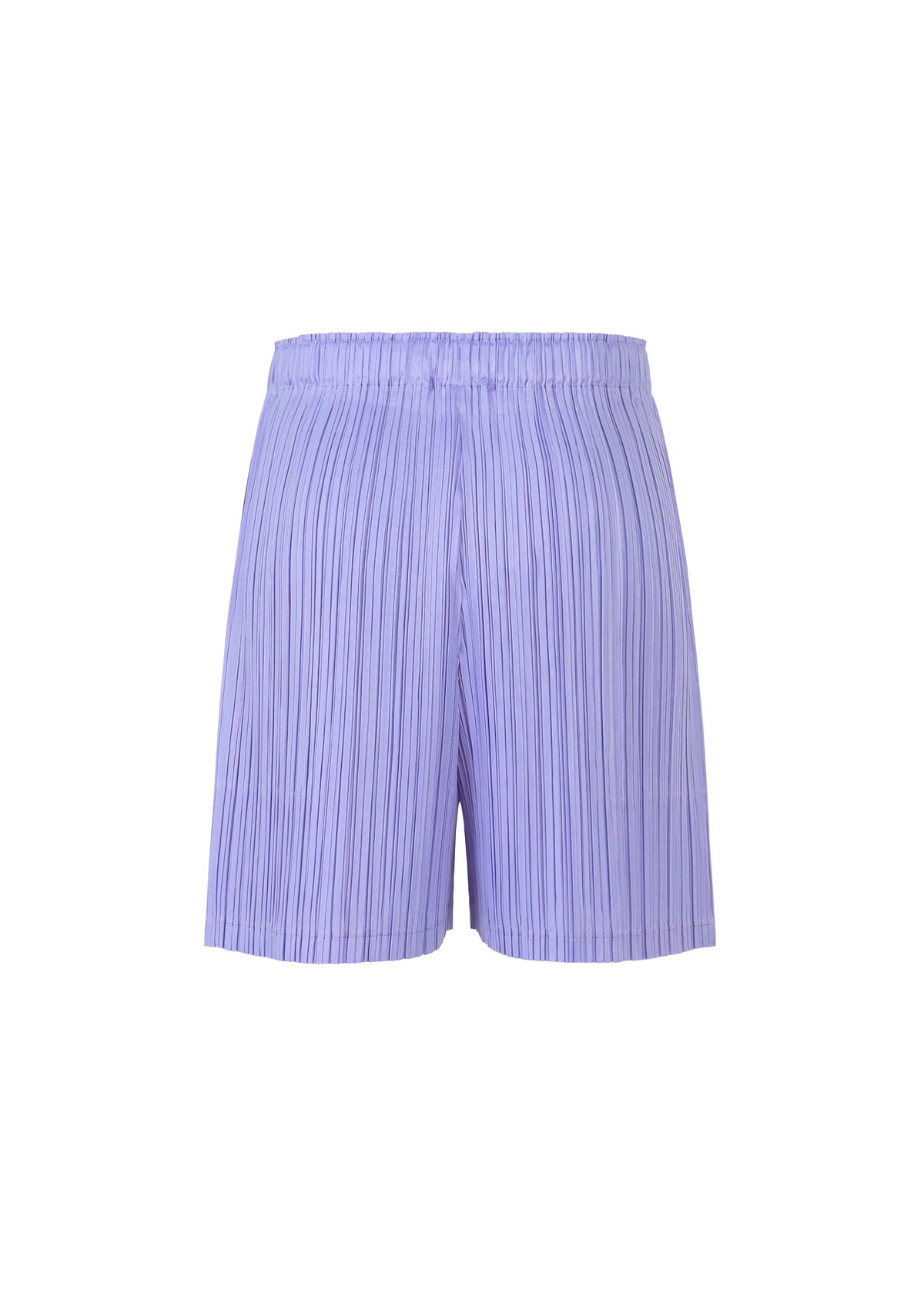 The LOOP BOTTOMS by PLEATS PLEASE ISSEY MIYAKE are light purple pleated shorts with pockets and an elastic waistband, made from thick fabric, shown on a plain white background. view 4 of 8