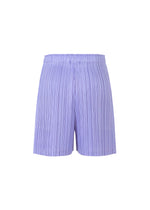 The LOOP BOTTOMS by PLEATS PLEASE ISSEY MIYAKE are light purple pleated shorts with pockets and an elastic waistband, made from thick fabric, shown on a plain white background.
