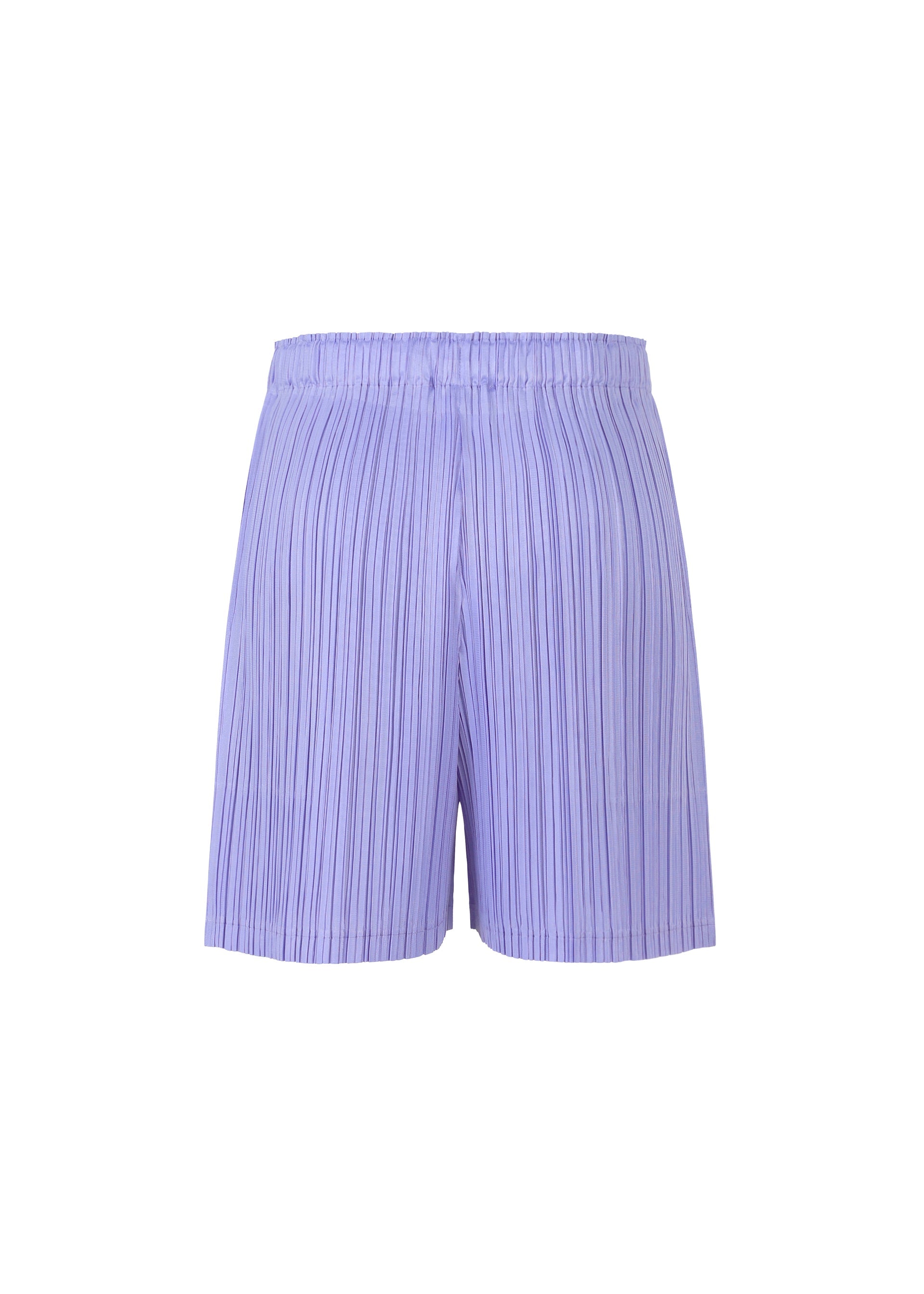 Zoomed view The LOOP BOTTOMS by PLEATS PLEASE ISSEY MIYAKE are light purple pleated shorts with pockets and an elastic waistband, made from thick fabric, shown on a plain white background.