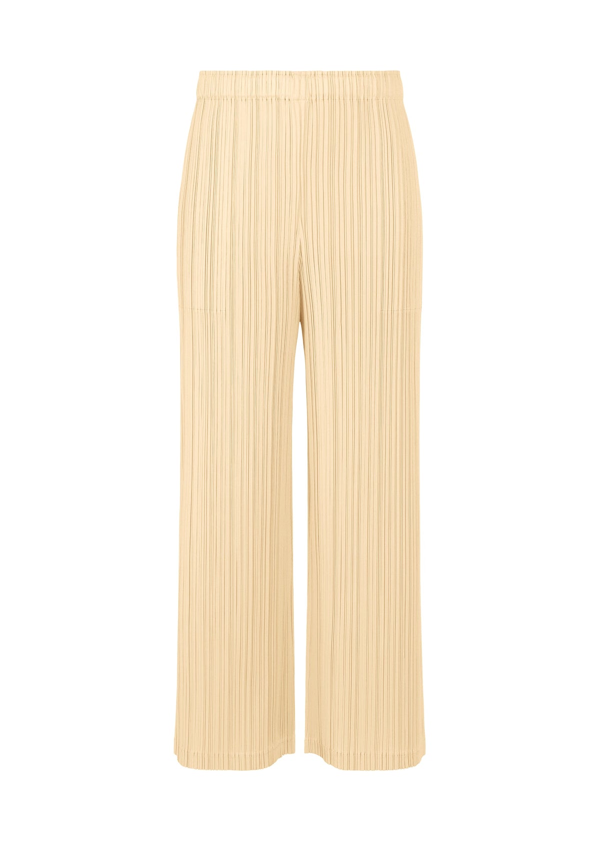 The LOOP BOTTOMS by PLEATS PLEASE ISSEY MIYAKE are beige wide-leg pants made from recycled polyester, featuring an elastic waistband and vertical pleats, shown against a white background. view 1 of 8