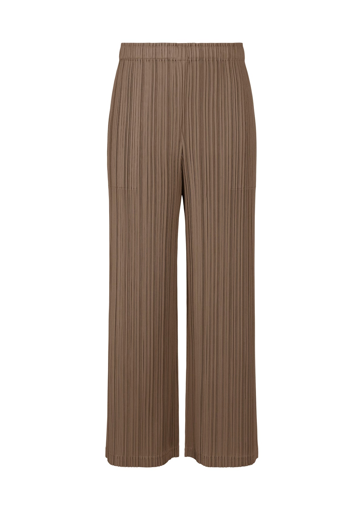 The LOOP BOTTOMS by PLEATS PLEASE ISSEY MIYAKE are brown pleated wide-leg pants made from thick fabric with an elastic waistband, displayed against a white background. view 2 of 8