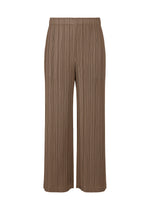 The LOOP BOTTOMS by PLEATS PLEASE ISSEY MIYAKE are brown pleated wide-leg pants made from thick fabric with an elastic waistband, displayed against a white background. - DARK BROWN （no.45）