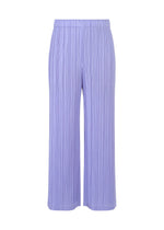 The LOOP BOTTOMS by PLEATS PLEASE ISSEY MIYAKE are light purple wide-leg pants made from thick fabric with an elastic waistband and vertical pleats, displayed on a white background. - STEEL BLUE （no.74）