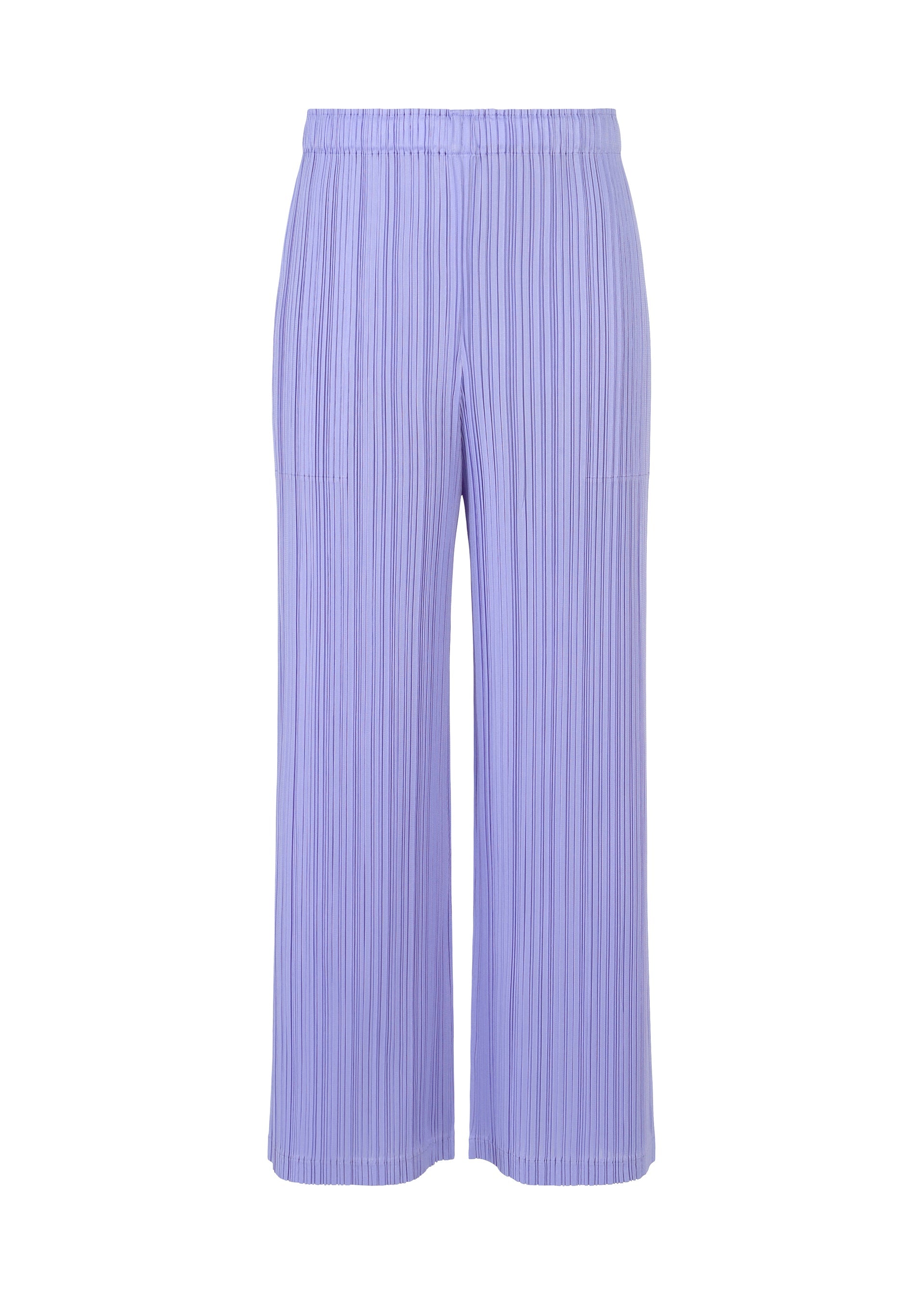 Zoomed view The LOOP BOTTOMS by PLEATS PLEASE ISSEY MIYAKE are light purple wide-leg pants made from thick fabric with an elastic waistband and vertical pleats, displayed on a white background. - STEEL BLUE （no.74）