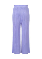 LOOP BOTTOMS by PLEATS PLEASE ISSEY MIYAKE: Light purple, ankle-length straight pants with an elastic waistband, made from thick recycled polyester and detailed with elegant pleats. Displayed on a white background.