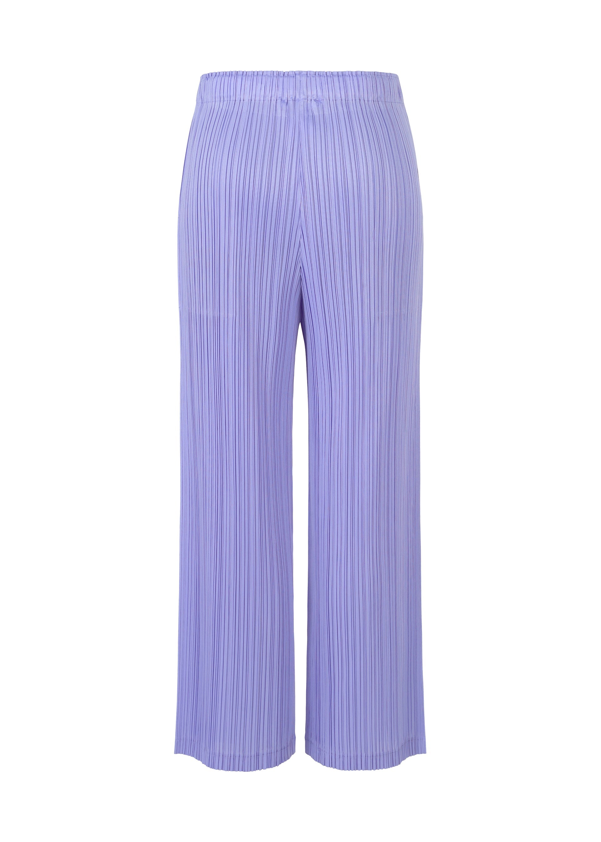 Zoomed view LOOP BOTTOMS by PLEATS PLEASE ISSEY MIYAKE: Light purple, ankle-length straight pants with an elastic waistband, made from thick recycled polyester and detailed with elegant pleats. Displayed on a white background.