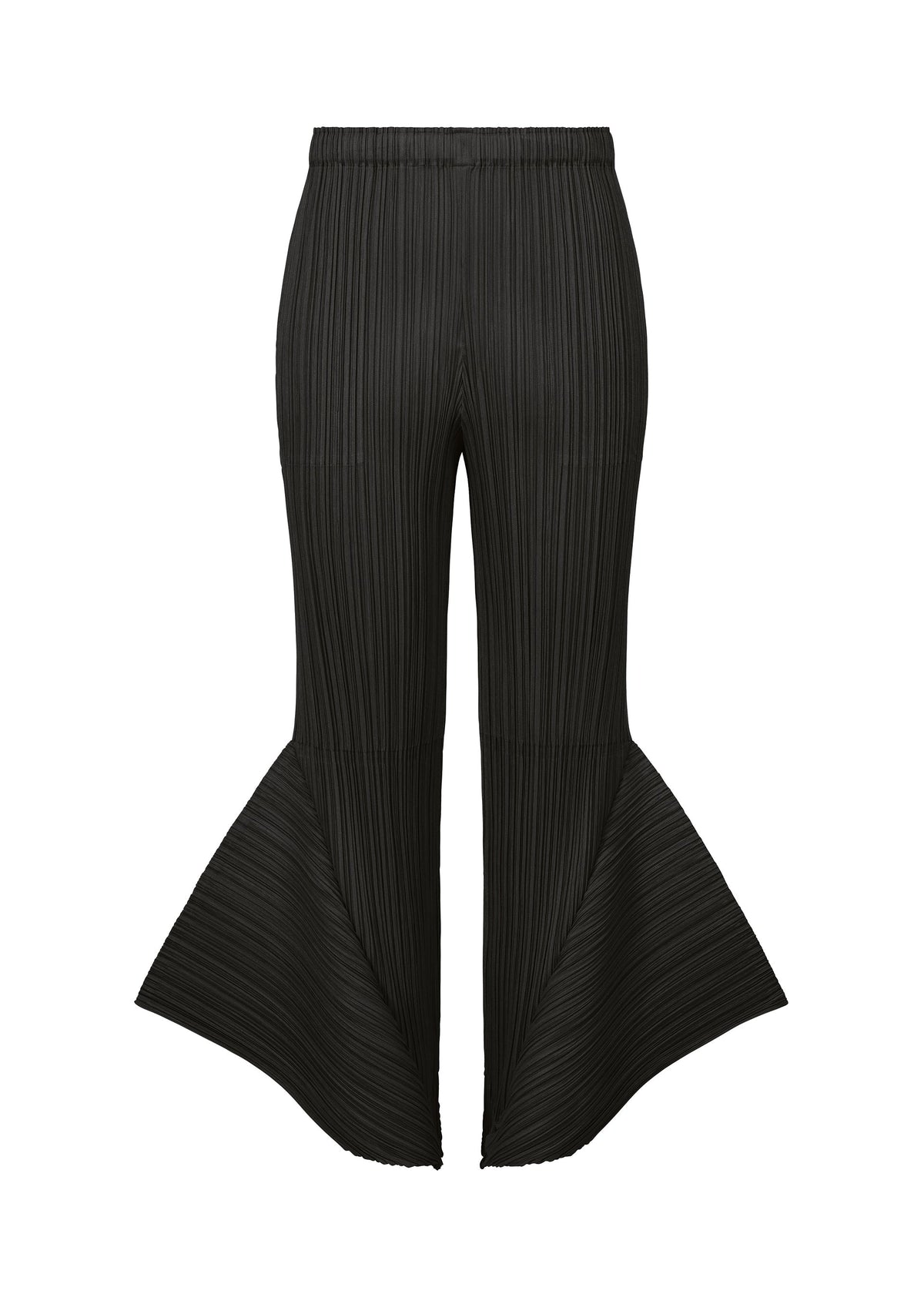 The SKYLINE pants by PLEATS PLEASE ISSEY MIYAKE feature black pleats, a fitted upper section, and bold wide flared legs that create a dramatic, sculptural fan-like effect from the knee down. view 2 of 8