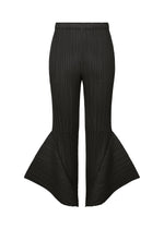 The SKYLINE pants by PLEATS PLEASE ISSEY MIYAKE feature black pleats, a fitted upper section, and bold wide flared legs that create a dramatic, sculptural fan-like effect from the knee down. - BLACK （no.15）
