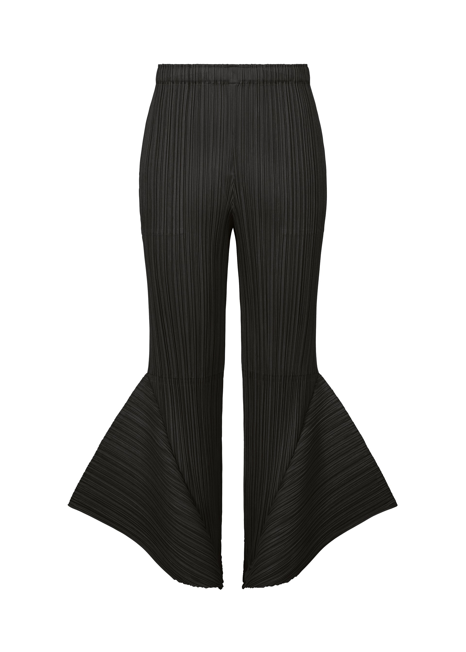 Zoomed view The SKYLINE pants by PLEATS PLEASE ISSEY MIYAKE feature black pleats, a fitted upper section, and bold wide flared legs that create a dramatic, sculptural fan-like effect from the knee down. - BLACK （no.15）