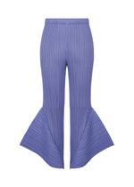 The SKYLINE pants by PLEATS PLEASE ISSEY MIYAKE are high-waisted, pleated purple pants featuring dramatic, outward-flared legs from the knee for a bold, sculptural city-inspired silhouette. - STEEL BLUE （no.74）