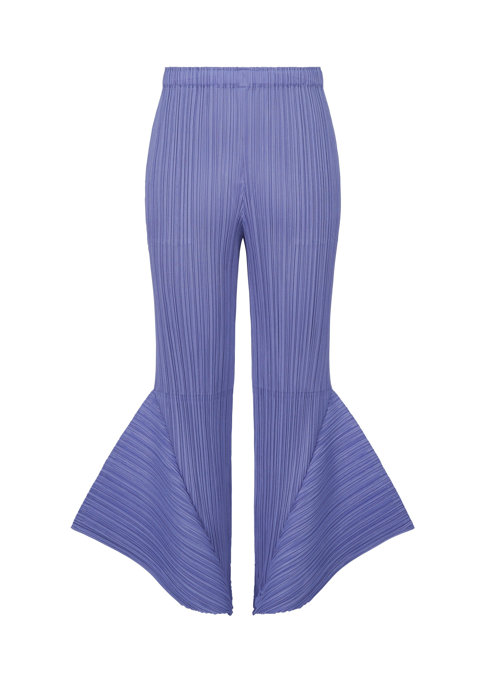 Zoomed view The SKYLINE pants by PLEATS PLEASE ISSEY MIYAKE are high-waisted, pleated purple pants featuring dramatic, outward-flared legs from the knee for a bold, sculptural city-inspired silhouette. - STEEL BLUE （no.74）