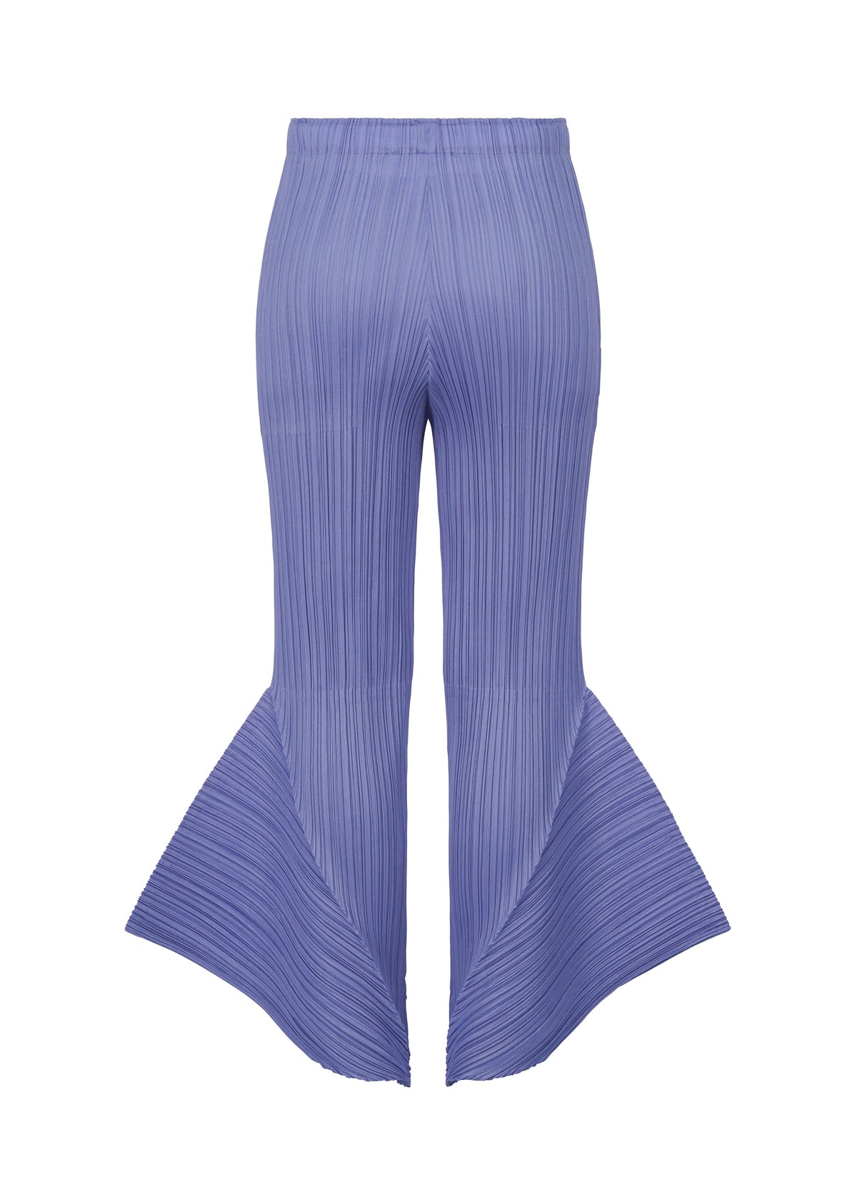 SKYLINE pants by PLEATS PLEASE ISSEY MIYAKE feature a lavender hue, high waist, and dramatic flared legs that widen below the knee, creating a powerful city-inspired silhouette with sculptural fan-like shapes at the bottom. view 4 of 8