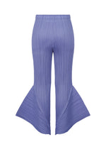 SKYLINE pants by PLEATS PLEASE ISSEY MIYAKE feature a lavender hue, high waist, and dramatic flared legs that widen below the knee, creating a powerful city-inspired silhouette with sculptural fan-like shapes at the bottom.