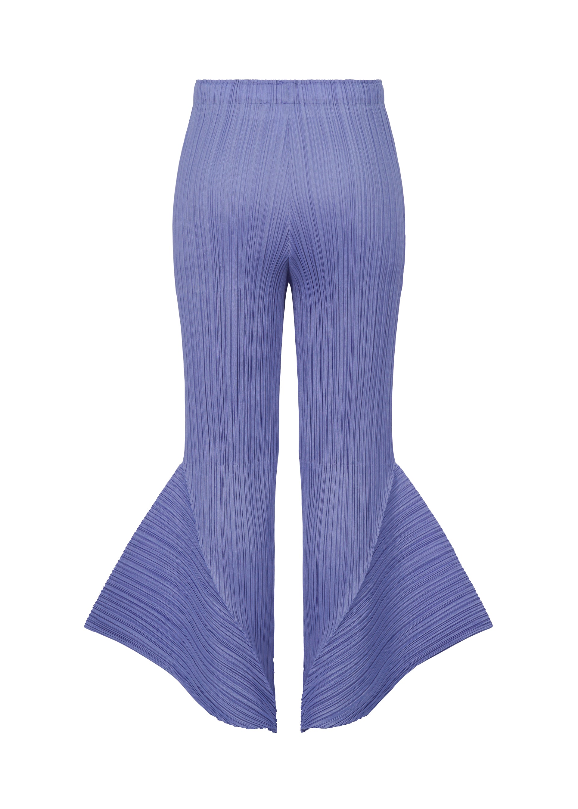 Zoomed view SKYLINE pants by PLEATS PLEASE ISSEY MIYAKE feature a lavender hue, high waist, and dramatic flared legs that widen below the knee, creating a powerful city-inspired silhouette with sculptural fan-like shapes at the bottom.