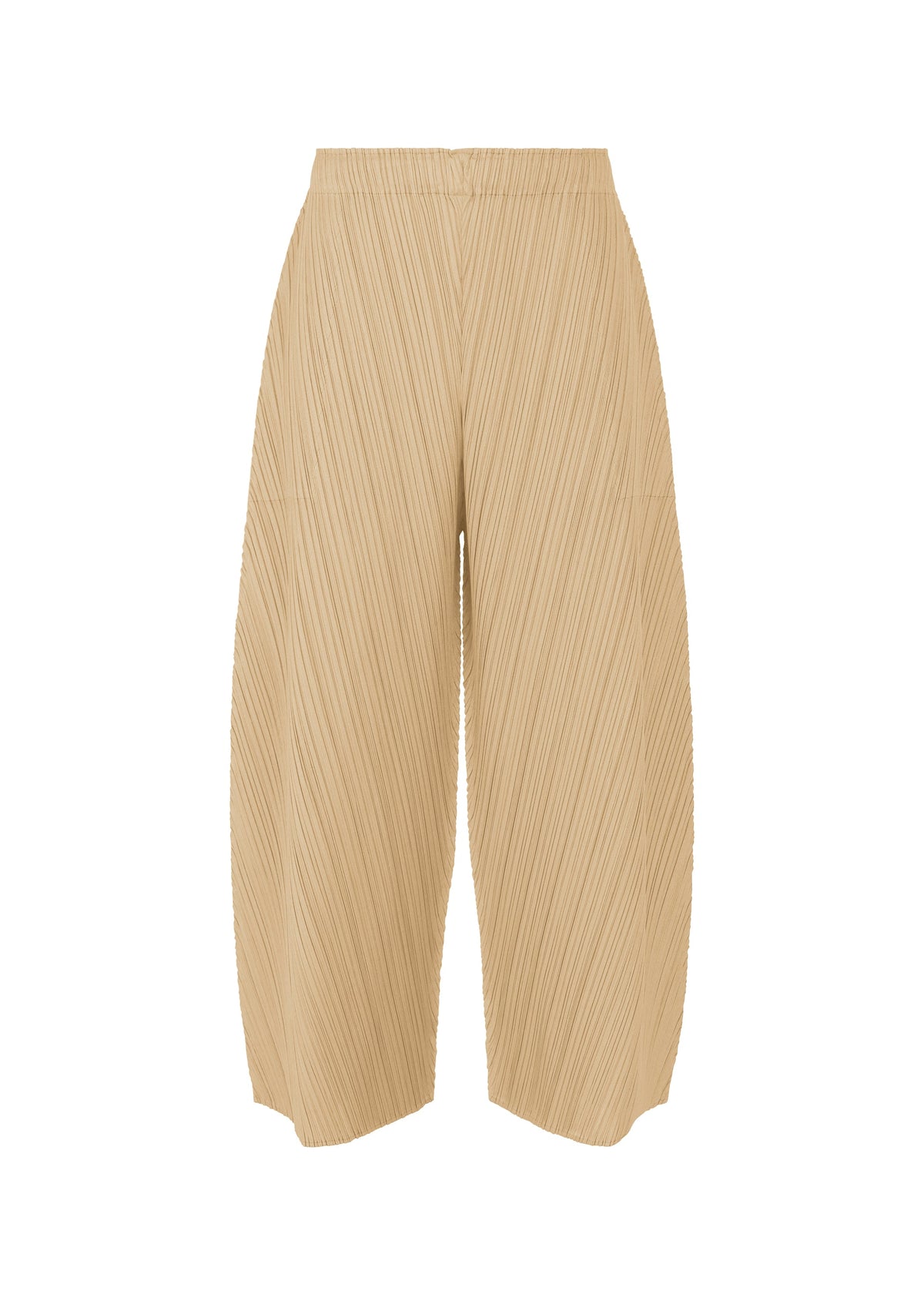 The COAST wide-leg beige pants by PLEATS PLEASE ISSEY MIYAKE feature diagonal pleats, an elastic waistband, and an ankle-length hem, shown against a white background. view 1 of 9
