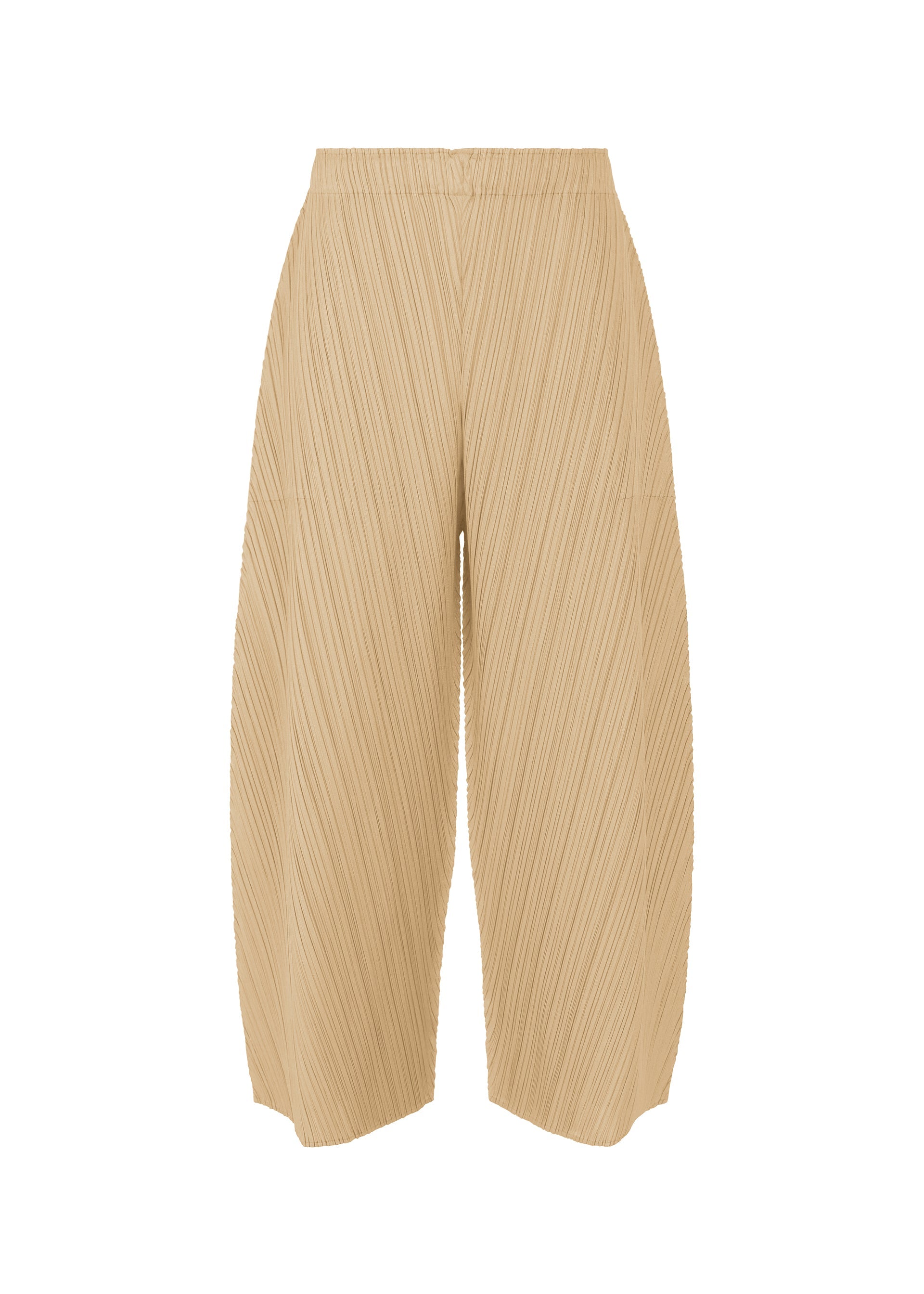 Zoomed view The COAST wide-leg beige pants by PLEATS PLEASE ISSEY MIYAKE feature diagonal pleats, an elastic waistband, and an ankle-length hem, shown against a white background. - SAND BEIGE （no.43）