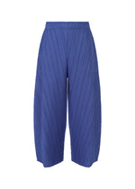 COAST wide-leg pants by PLEATS PLEASE ISSEY MIYAKE feature a ribbed wave pattern, diagonal pleats, elastic waistband, and a relaxed cropped fit. Shown here in blue against a white background. - BLUE （no.72）