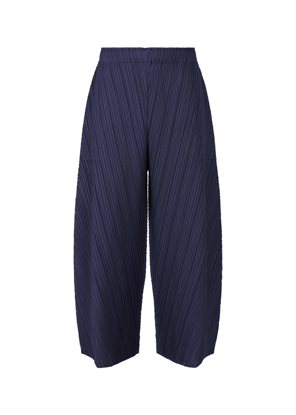 The COAST navy blue wide-leg cropped pants by PLEATS PLEASE ISSEY MIYAKE feature diagonal pleats forming a subtle wave pattern, shown against a white background. view 3 of 9