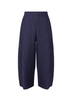 The COAST navy blue wide-leg cropped pants by PLEATS PLEASE ISSEY MIYAKE feature diagonal pleats forming a subtle wave pattern, shown against a white background. - NAVY （no.75）