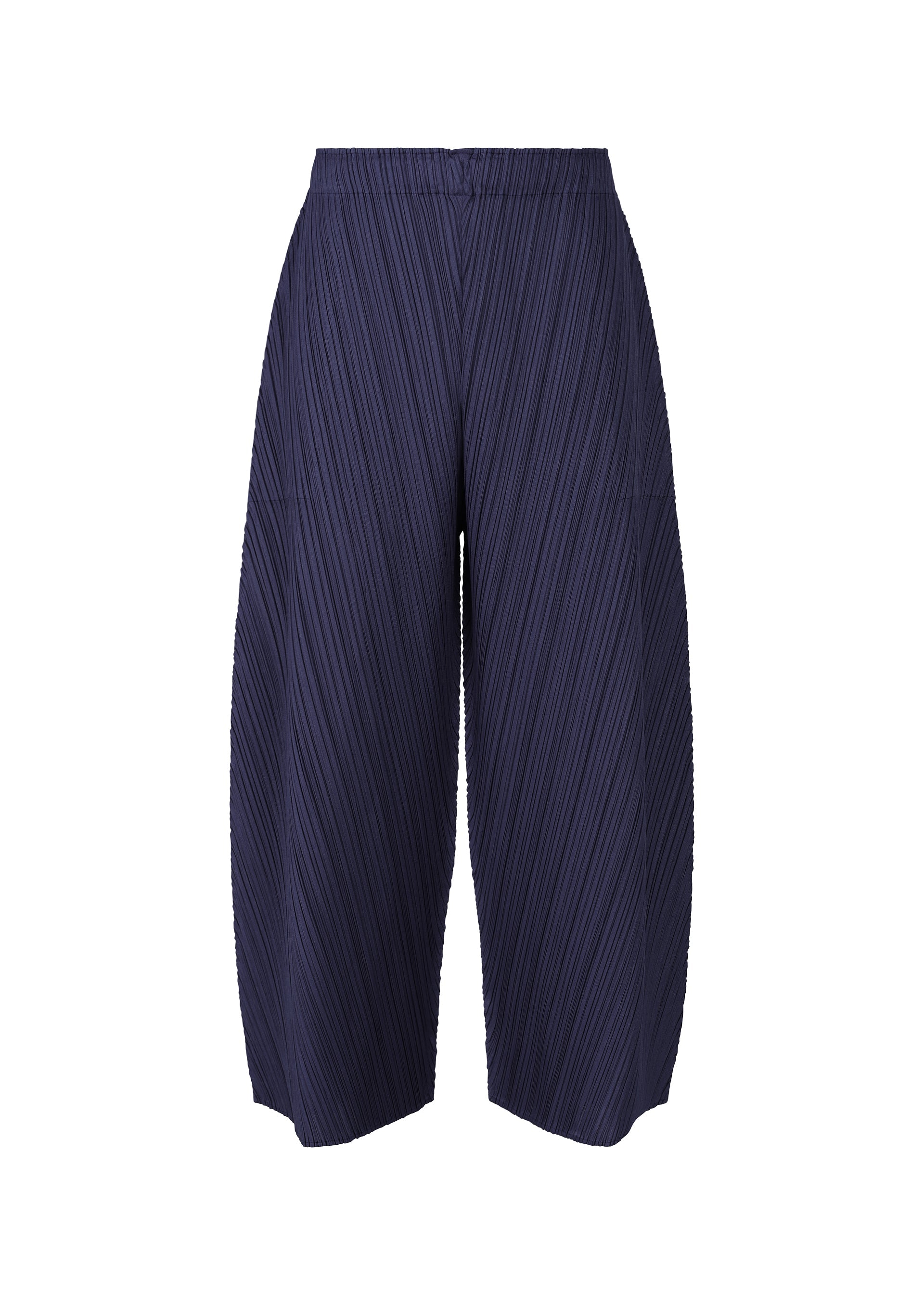 Zoomed view The COAST navy blue wide-leg cropped pants by PLEATS PLEASE ISSEY MIYAKE feature diagonal pleats forming a subtle wave pattern, shown against a white background. - NAVY （no.75）