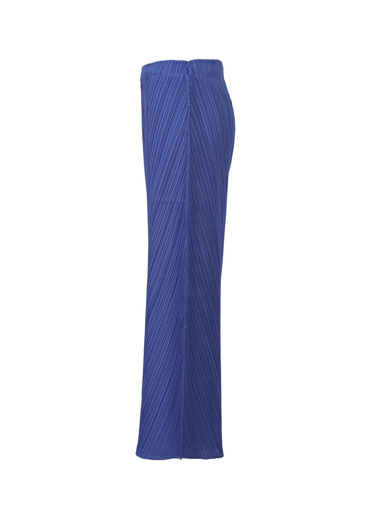 Side view of COAST wide blue pants by PLEATS PLEASE ISSEY MIYAKE, featuring diagonal pleats, straight legs, and an elastic waistband, displayed against a white background. view 5 of 9