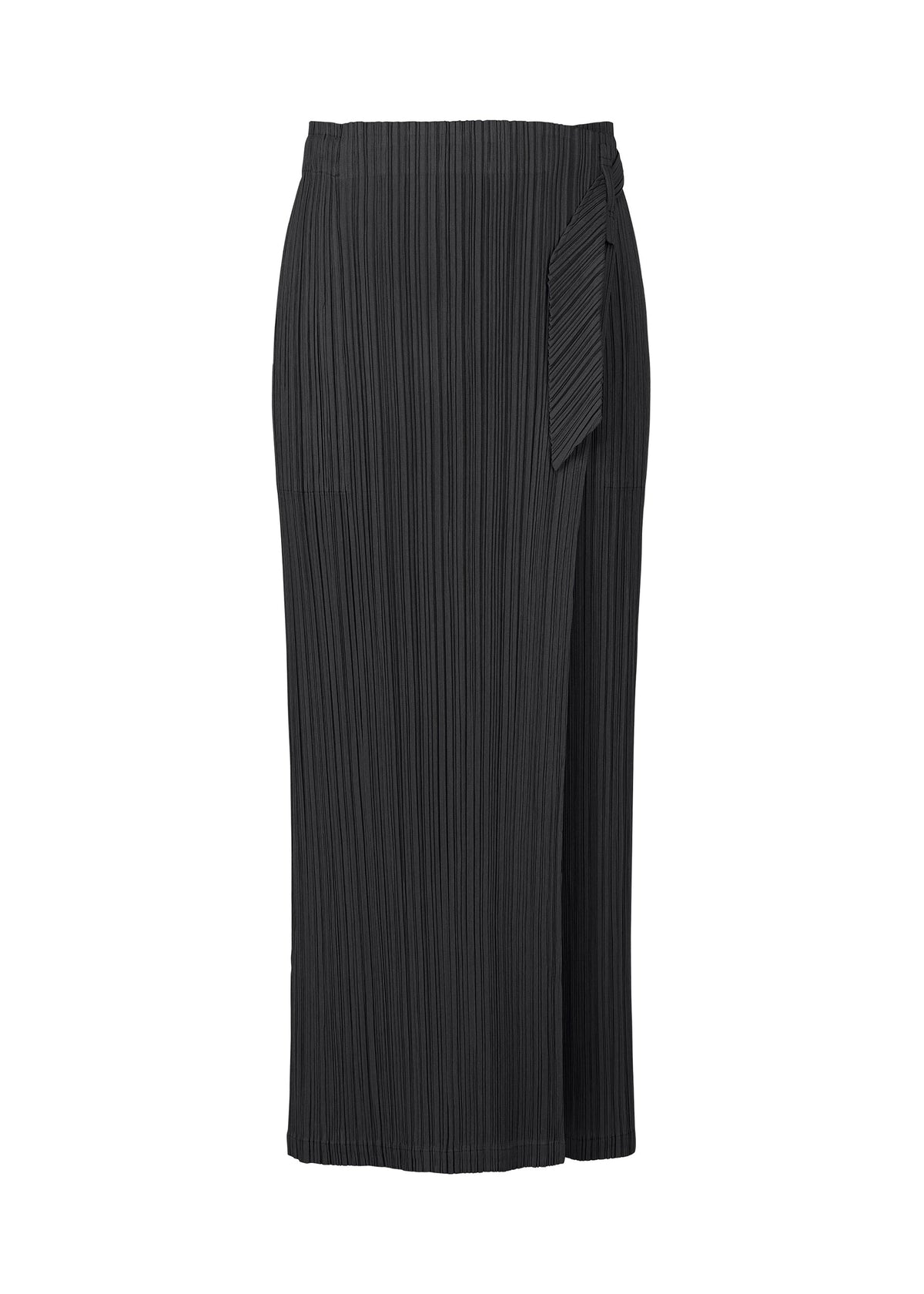 The FACADE skirt by PLEATS PLEASE ISSEY MIYAKE is a black, high-waisted midi with pleated texture and an asymmetrical right-side detail, inspired by the unconventional pants trend. view 2 of 10
