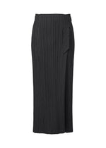 The FACADE skirt by PLEATS PLEASE ISSEY MIYAKE is a black, high-waisted midi with pleated texture and an asymmetrical right-side detail, inspired by the unconventional pants trend. - BLACK （no.15）
