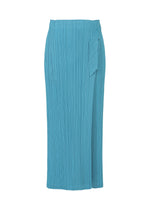 The FACADE skirt by PLEATS PLEASE ISSEY MIYAKE features a light blue, ankle-length pleated design with a right waist side tie, straight silhouette, and textured fabric inspired by cord design pants. - SAXE BLUE （no.77）