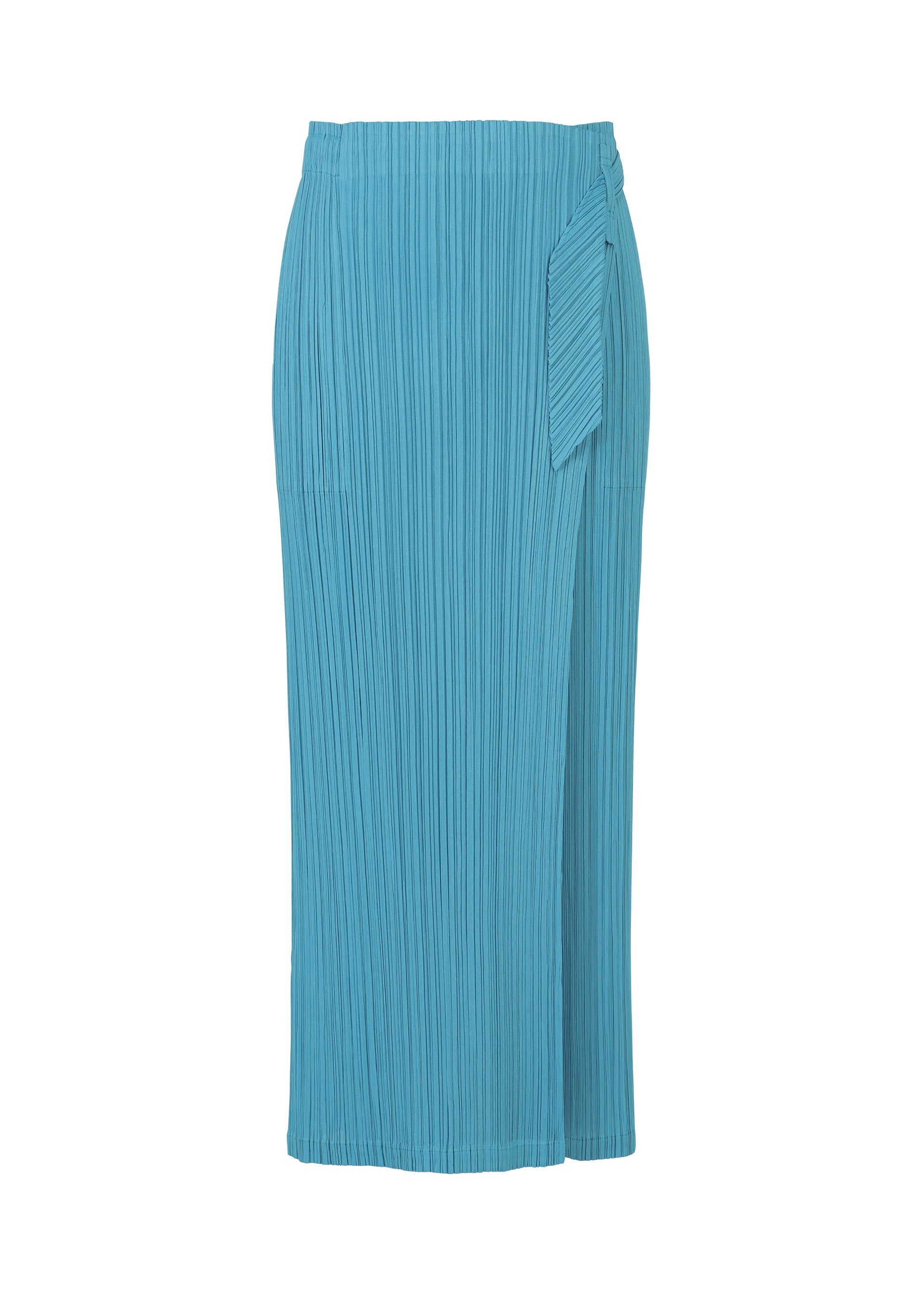 Zoomed view The FACADE skirt by PLEATS PLEASE ISSEY MIYAKE features a light blue, ankle-length pleated design with a right waist side tie, straight silhouette, and textured fabric inspired by cord design pants. - SAXE BLUE （no.77）