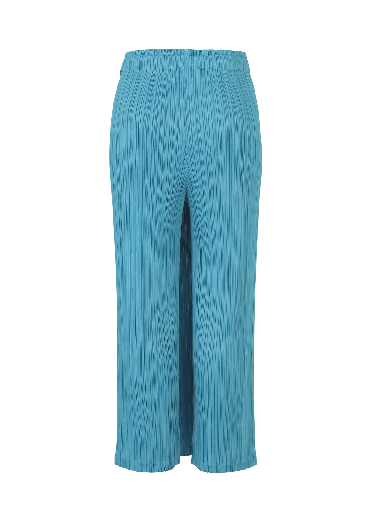 The FACADE pants by PLEATS PLEASE ISSEY MIYAKE are light blue, high-waisted, wide-leg trousers with a pleated texture and elastic waistband, shown against a white background. view 4 of 10