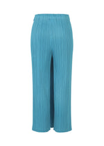 The FACADE pants by PLEATS PLEASE ISSEY MIYAKE are light blue, high-waisted, wide-leg trousers with a pleated texture and elastic waistband, shown against a white background.