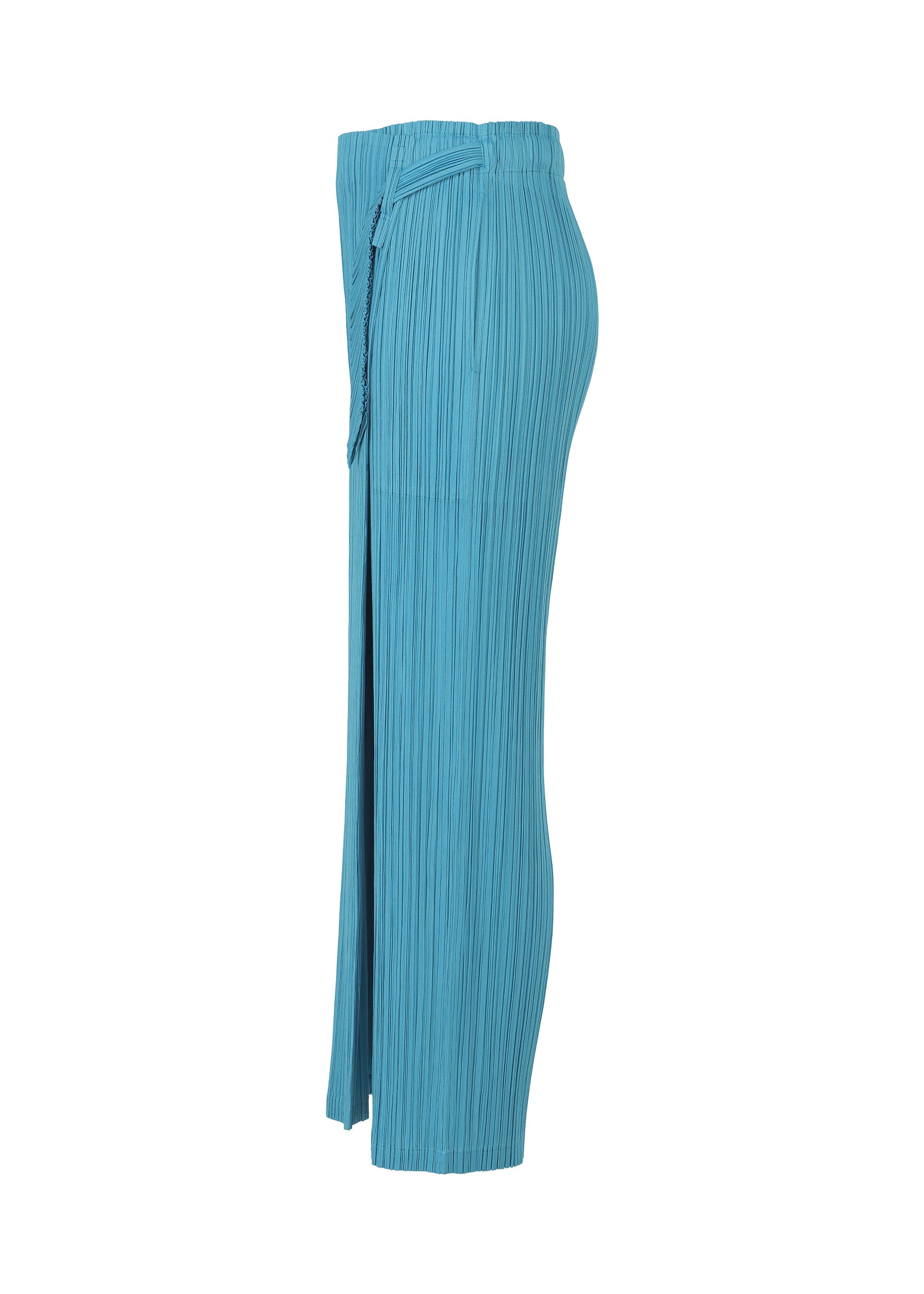 Zoomed view Side view of FACADE pants by PLEATS PLEASE ISSEY MIYAKE: light blue, pleated, wide-leg cord design with high waist, leg slit, and an adjustable decorative belt or tie at the waist for stylish detail.
