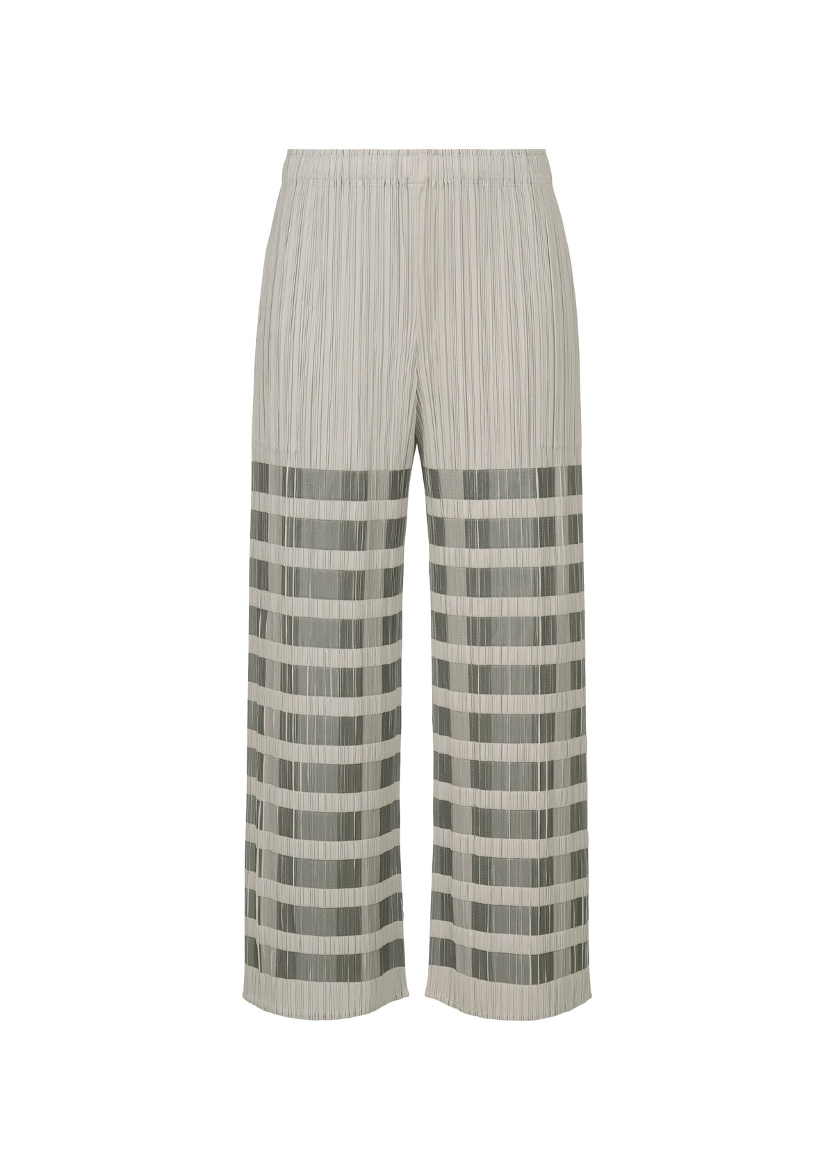 The BUMPY BASKET pants by PLEATS PLEASE ISSEY MIYAKE are light gray, wide-leg, pleated with an elastic waistband and side pockets. Sheer horizontal and vertical stripes on the lower half create a grid pattern. Shown on a white background. view 1 of 8