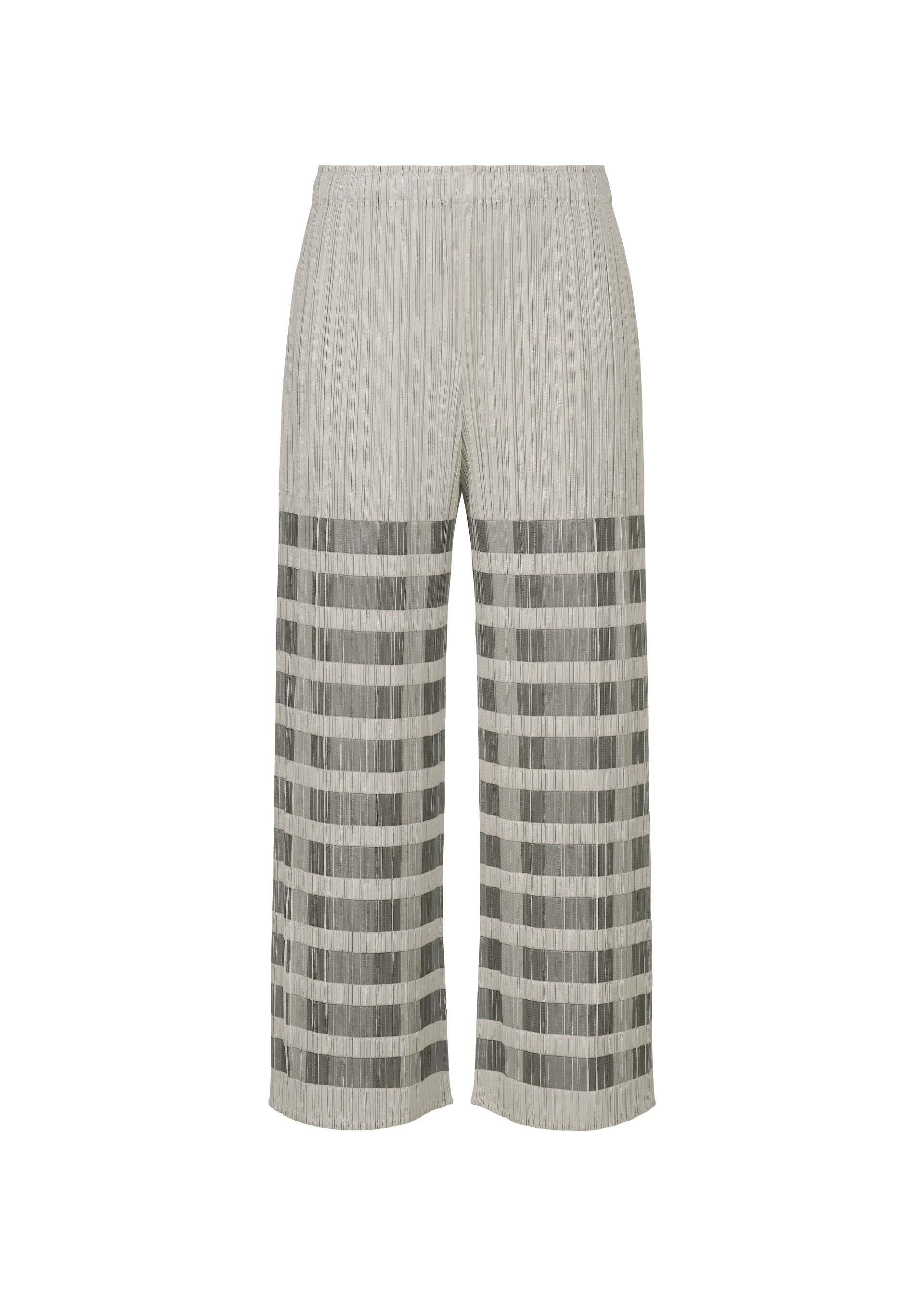 Zoomed view The BUMPY BASKET pants by PLEATS PLEASE ISSEY MIYAKE are light gray, wide-leg, pleated with an elastic waistband and side pockets. Sheer horizontal and vertical stripes on the lower half create a grid pattern. Shown on a white background. - CHARCOAL （no.17）